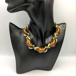 Coro Necklace Vintage Gold Tone Brown Cabochons Faux Pearl Hook Clasp Signed